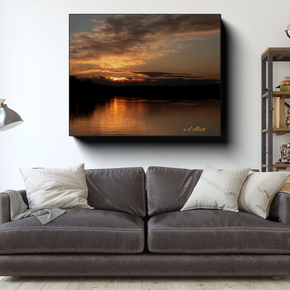 Loch Lomond Sunset Skyscape canvas photograph displayed above a gray sofa in a modern living room.