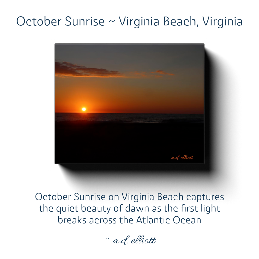 Story card featuring a sunrise over the Atlantic Ocean at Virginia Beach, Virginia, with a description about the quiet beauty of dawn as the first light breaks across the water.