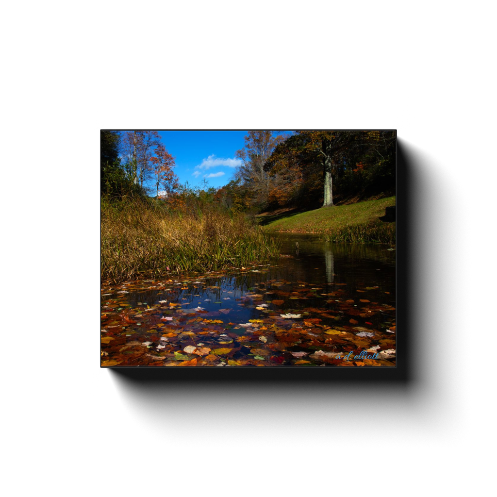 Gallery-wrapped canvas featuring Rakes Mill Pond surrounded by autumn foliage along the Blue Ridge Parkway near Floyd, Virginia, photographed by a.d. elliott.