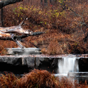 Small waterfall along Sand Creek in Osage Hills State Park, Oklahoma, with a fallen tree, still water, and brown autumn grasses.