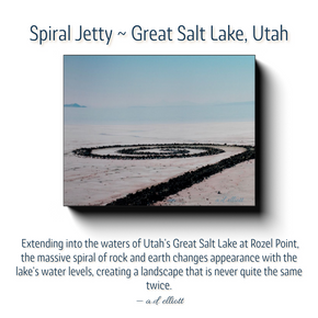 Story card featuring Spiral Jetty at Utah's Great Salt Lake with a description of Robert Smithson's famous land art installation and its changing appearance with lake water levels.