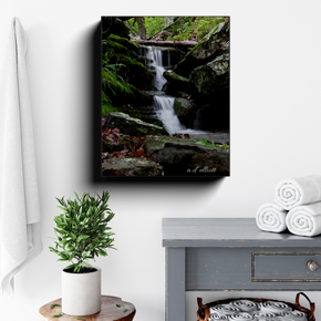 The Forgotten Fall canvas photograph displayed in a bright bathroom above a gray vanity with folded white towels and green plants.