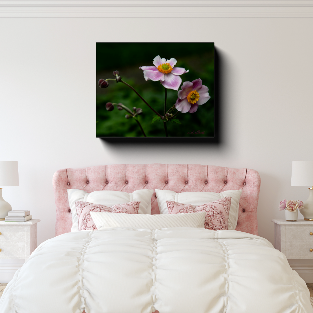Gallery-wrapped canvas featuring pale pink thimbleweed flowers displayed above a pink upholstered bed in a bright, softly decorated bedroom.