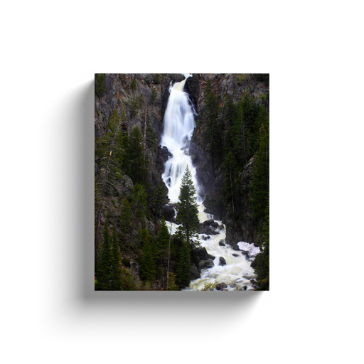 A long-exposure photograph of Fish Creek Falls, Steamboat Springs Colorado, taken by the photographer a.d. elliott.  Printed on high quality, artist-grade stock and folded around a lightweight frame to give them a gorgeous, gallery-ready appearance. With acid-free ink that will last without fading or chipping, Features a scratch-resistant UV coating. Wipes clean easily with a damp cloth or to remove dust, vacuum gently using a soft brush attachment.