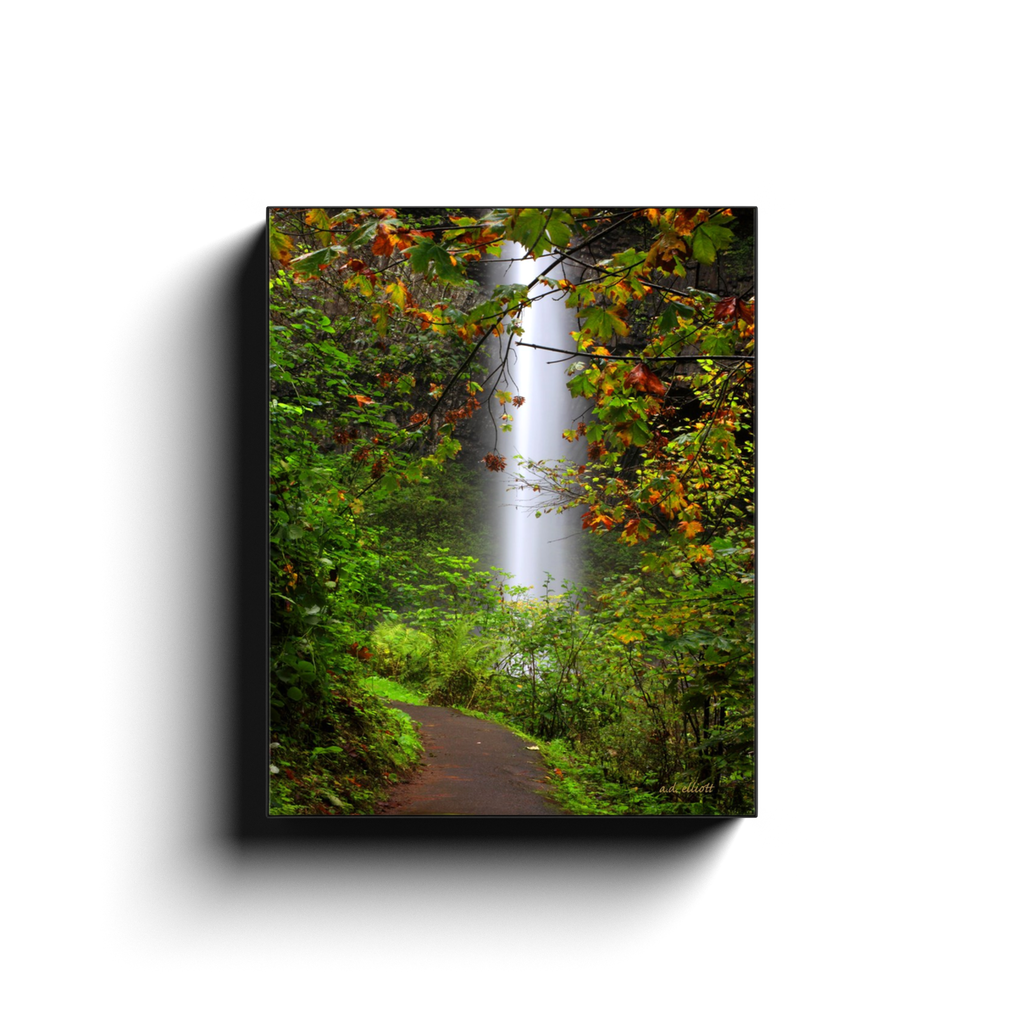 A long exposure photograph of Latourell Falls near Corbett Oregon. Taken by the photographer a.d. elliott  Printed on high quality, artist-grade stock and folded around a lightweight frame to give them a gorgeous, gallery-ready appearance. With acid-free ink that will last without fading or chipping, Features a scratch-resistant UV coating. Wipes clean easily with a damp cloth or to remove dust, vacuum gently using a soft brush attachment.