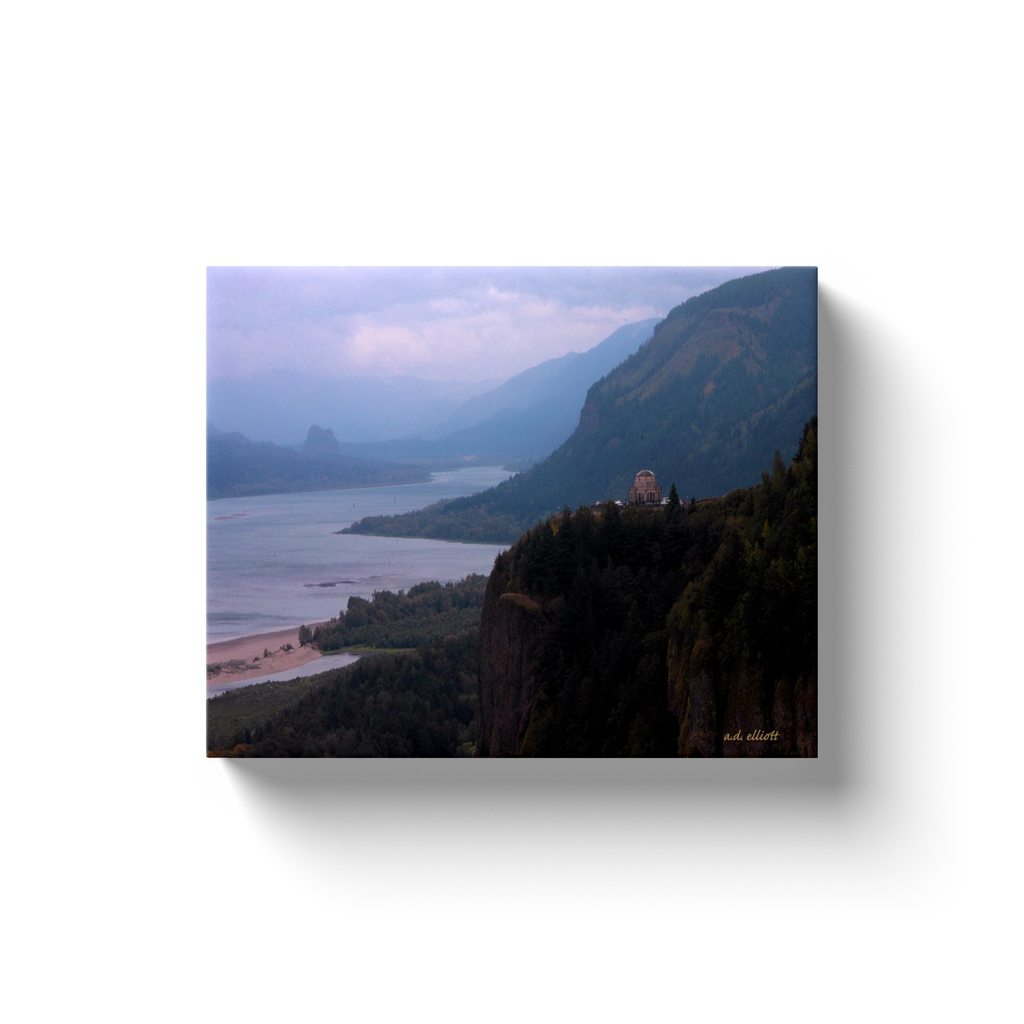 A landscape photograph of the Vista House - Columbia River Gorge.  Printed on high quality, artist grade stock and folded around a lightweight frame to give them a gorgeous, gallery ready appearance. With acid free ink that will last without fading or chipping, Features a scratch-resistant UV coating. Wipes clean easily with a damp cloth or to remove dust, vacuum gently using a soft brush attachment.