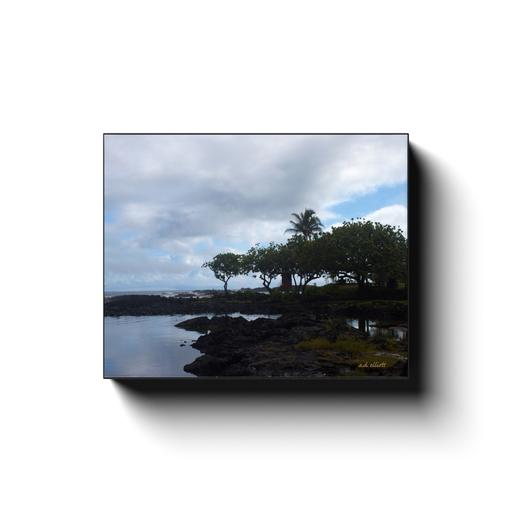 A landscape photograph of Hilo Bay Hawaii, taken by the Arkansas photographer a.d. elliott #TaketheBackRoads  Printed on high quality, artist grade stock and folded around a lightweight frame to give them a gorgeous, gallery ready appearance. With acid free ink that will last without fading or chipping, Features a scratch-resistant UV coating. Wipes clean easily with a damp cloth or to remove dust, vacuum gently using a soft brush attachment.