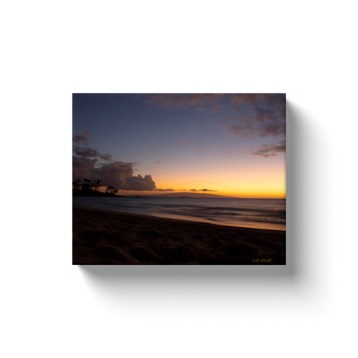 A long exposure photograph of the Pacific Ocean from Wailea Beach, Maui, Hawaii at sunset. Taken by the Arkansas photographer a.d. elliott.  Printed on high quality, artist-grade stock and folded around a lightweight frame to give them a gorgeous, gallery-ready appearance. With acid-free ink that will last without fading or chipping, Features a scratch-resistant UV coating. Wipes clean easily with a damp cloth or to remove dust, vacuum gently using a soft brush attachment.