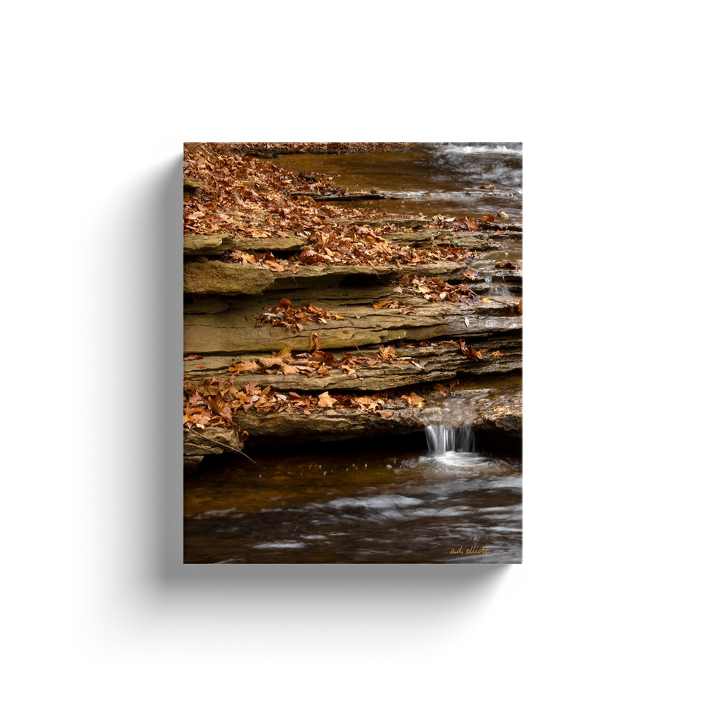 A long exposure photograph of Tanyard creek flowing through autumn leaves - Bella Vista Arkansas.  Printed on high quality, artist grade stock and folded around a lightweight frame to give them a gorgeous, gallery ready appearance. With acid free ink that will last without fading or chipping, Features a scratch-resistant UV coating. Wipes clean easily with a damp cloth or to remove dust, vacuum gently using a soft brush attachment.