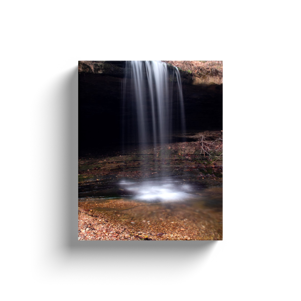 A long exposure photograph of the Glory B Falls near Cass Arkansas, taken by the Arkansas photographer a.d. elliott.  Printed on high-quality, artist-grade stock and folded around a lightweight frame to give them a gorgeous, gallery-ready appearance. With acid-free ink that will last without fading or chipping, Features a scratch-resistant UV coating. Wipes clean easily with a damp cloth or to remove dust, vacuum gently using a soft brush attachment.